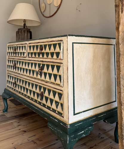 This piece has found its new home, but a similar Green Triangles chest can be created